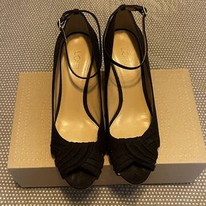 Ann Taylor LOFT Women Sz 8.5 Black Fabric Wedge Open Toe Ankle Strap Espadrille